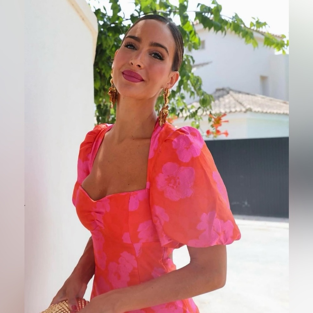 Zara dress mini puff wide sleeve cut out hot Pink Floral wedding summer vacation - Picture 2 of 12